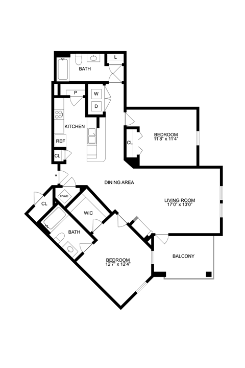 Floor plan for 2 beds, 2 baths, 1132 sqft